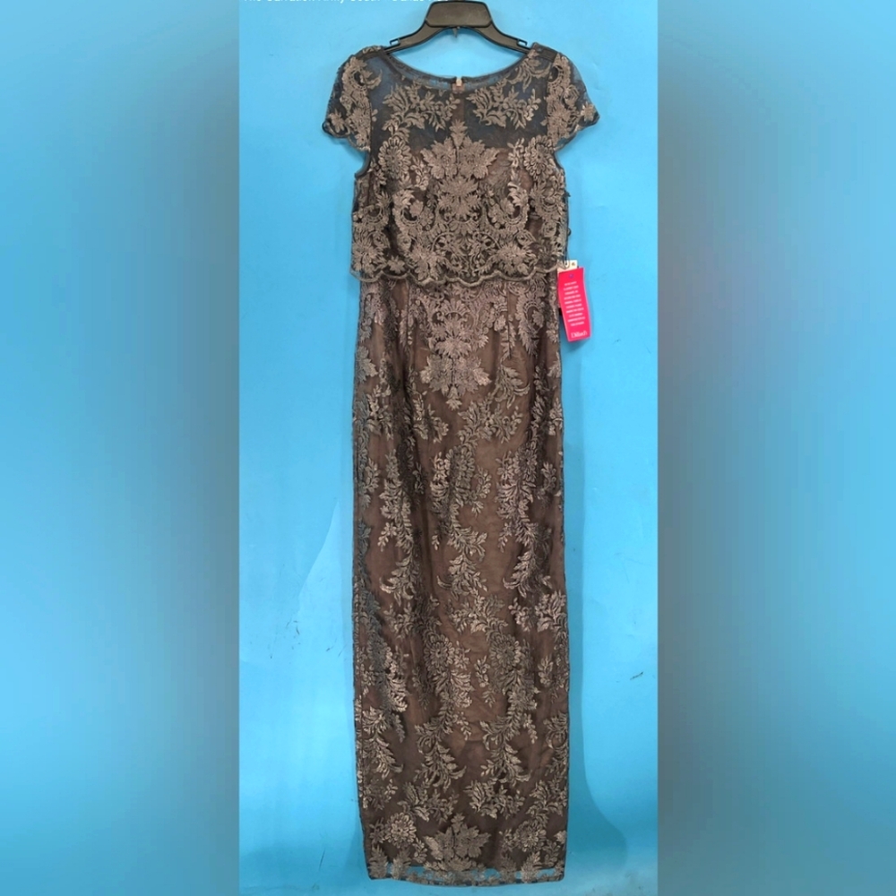 NEW ADRIANNA PAPELL Night Shade Brown Pop Over Embroidered Lace Gown Dress 4M